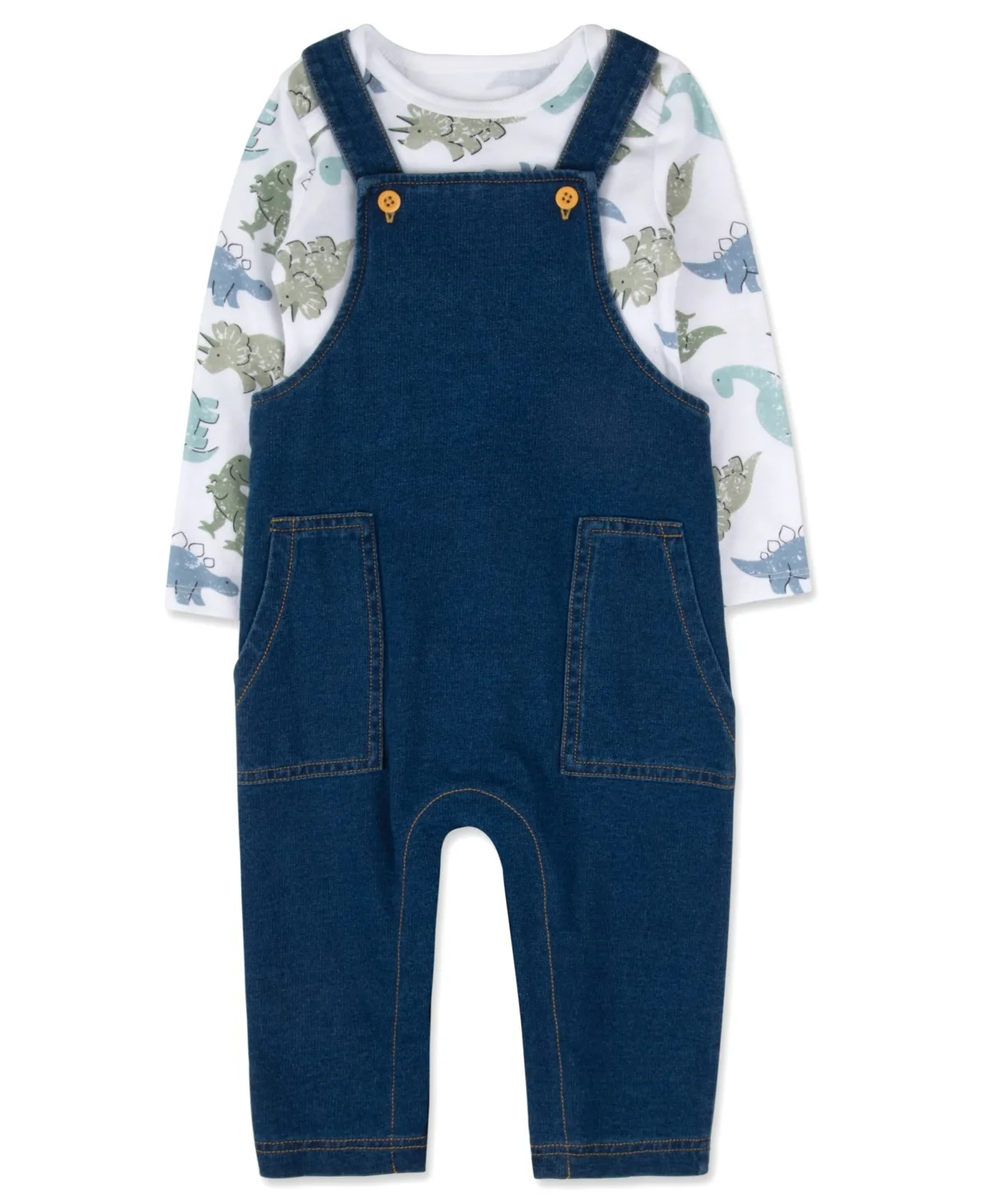 Dinosaur-Print Faux Denim Overalls and Long-Sleeve Bodysuit, 2-Piece Set by Baby Essentials