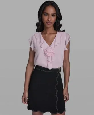 Ruffle Rosette Trim V Neck Blouse by Karl Lagerfeld