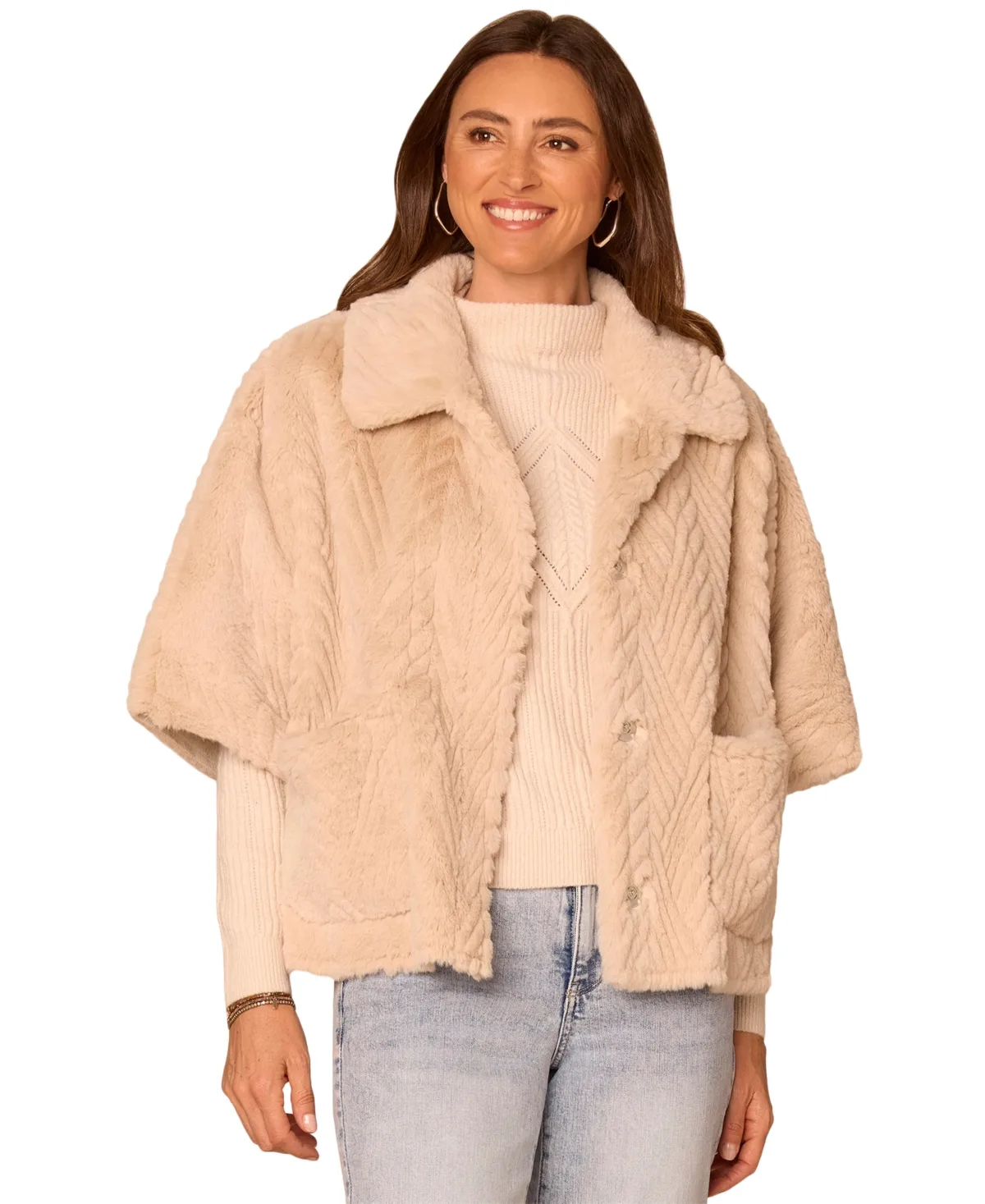Faux Fur Wide Collar Short Sleeve Caplet by Democracy