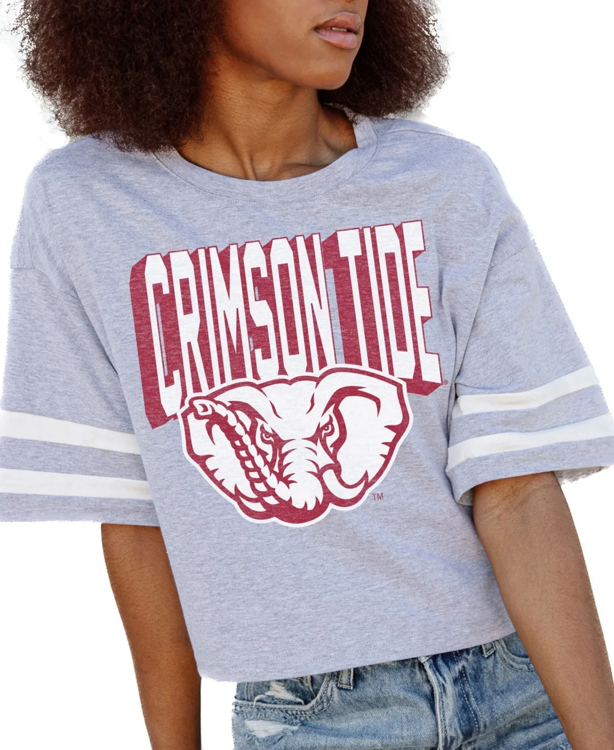 Alabama Crimson Tide No Shortcuts Drop Shoulder Sleeve Stripe Cropped T-Shirt by Gameday Couture