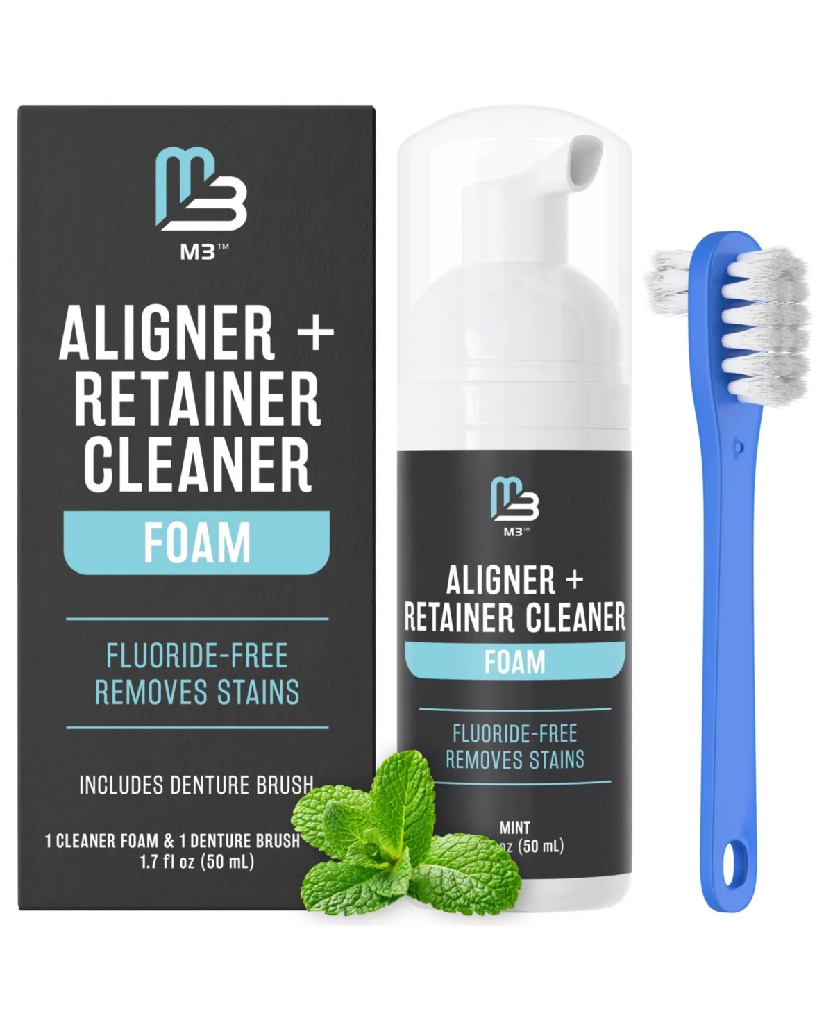 Retainer and Aligner Cleaner Foam with Brush, 15-Second Cleaning Solution, Fluoride-Free, Mint, 1.7 Fl oz (50mL) by M3