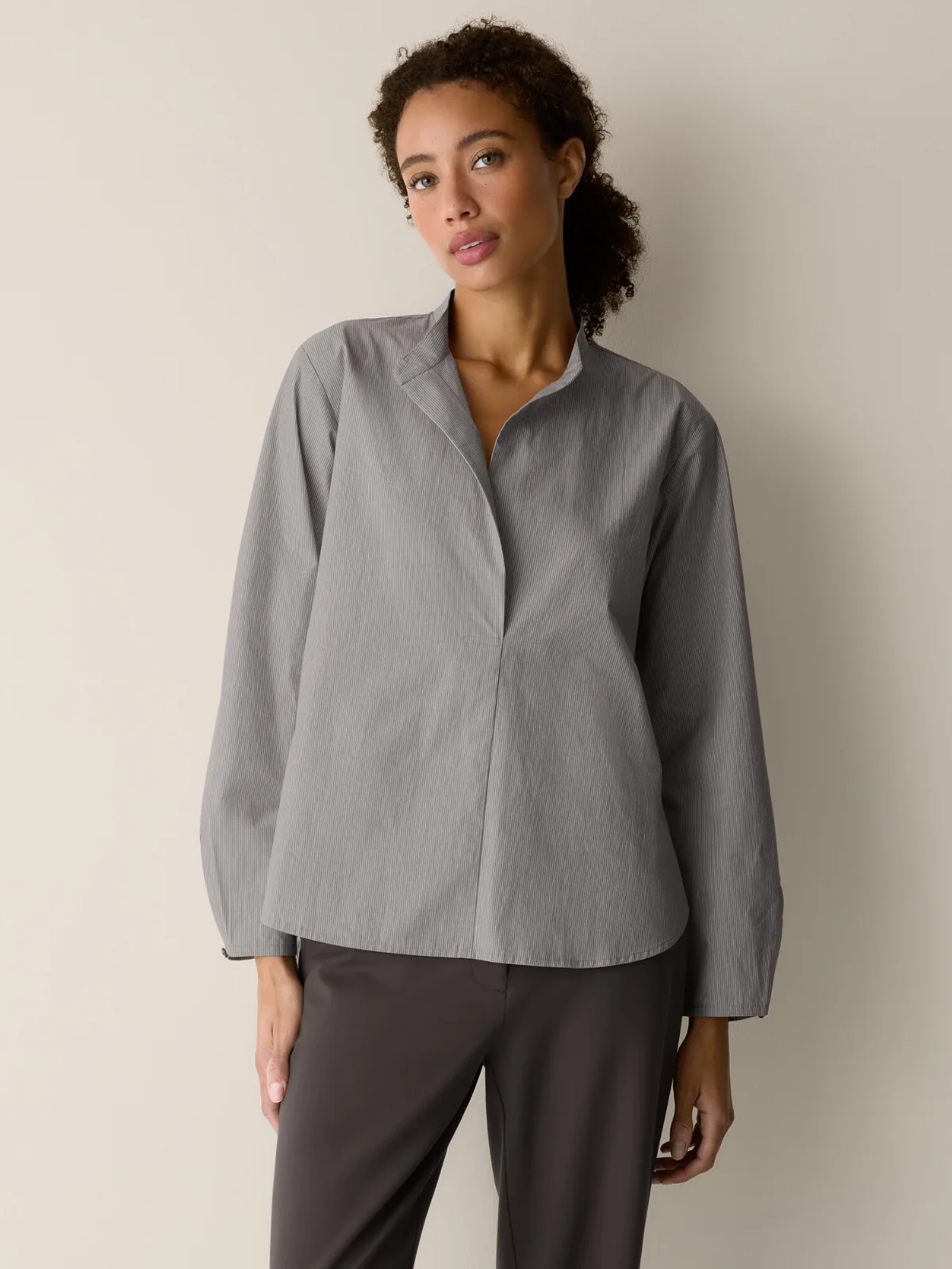 Striped Organic Cotton Poplin Band Collar Top by EILEEN FISHER