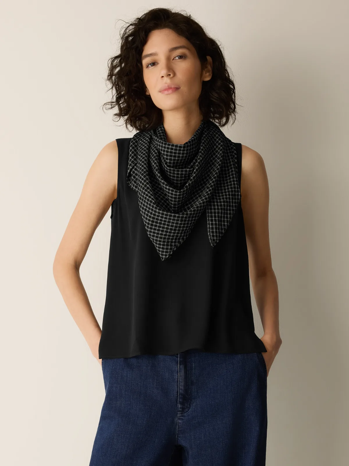 Windowpane Crinkle Weave Triangle Scarf by EILEEN FISHER