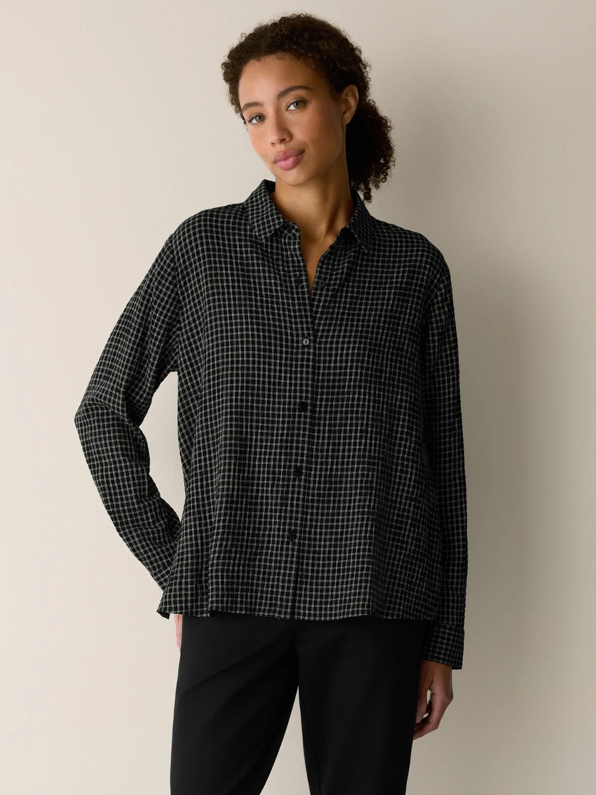 Windowpane Crinkle Weave Classic Collar Shirt by EILEEN FISHER