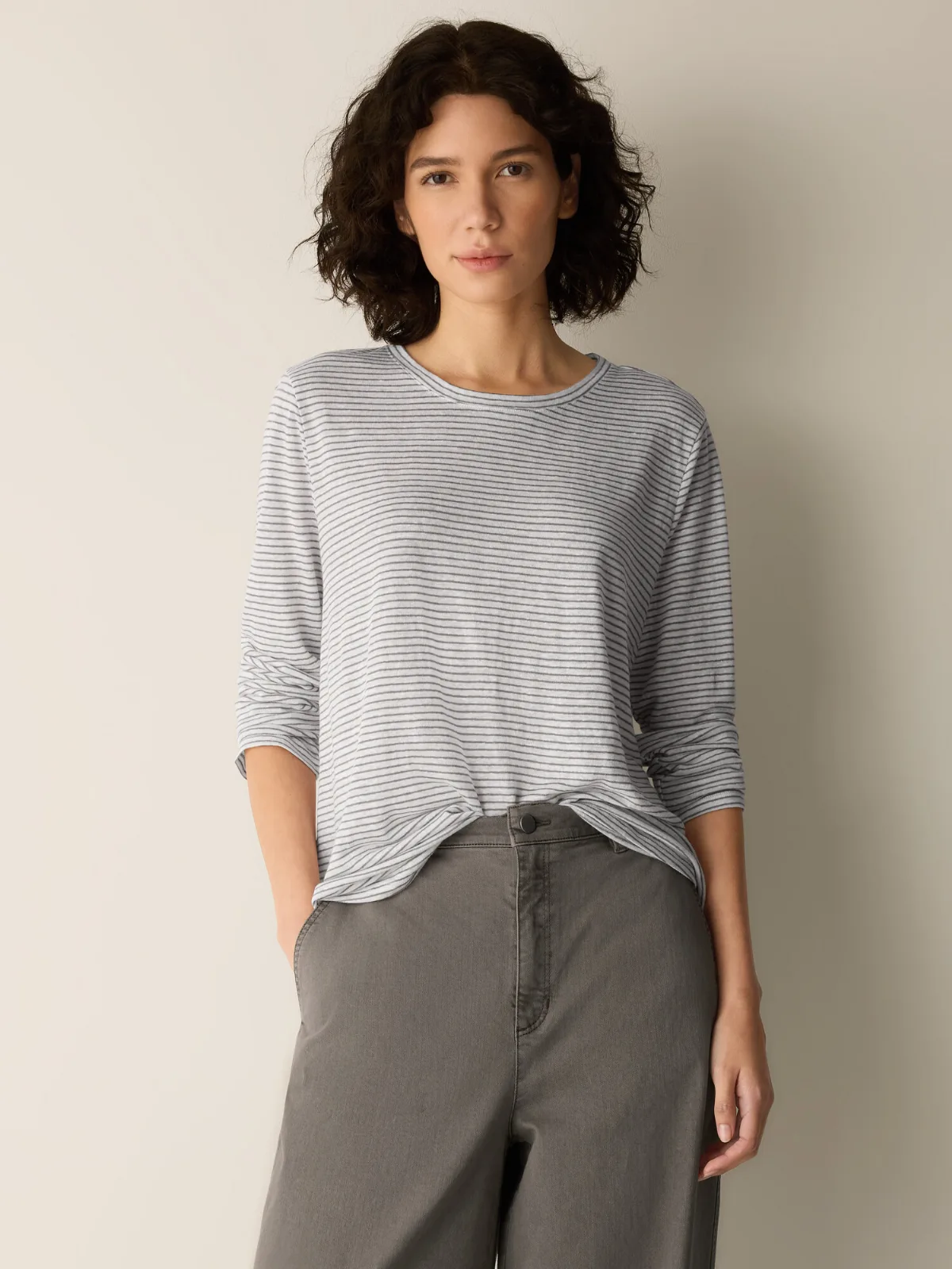 Striped Organic Linen Jersey Long-Sleeve Tee by EILEEN FISHER