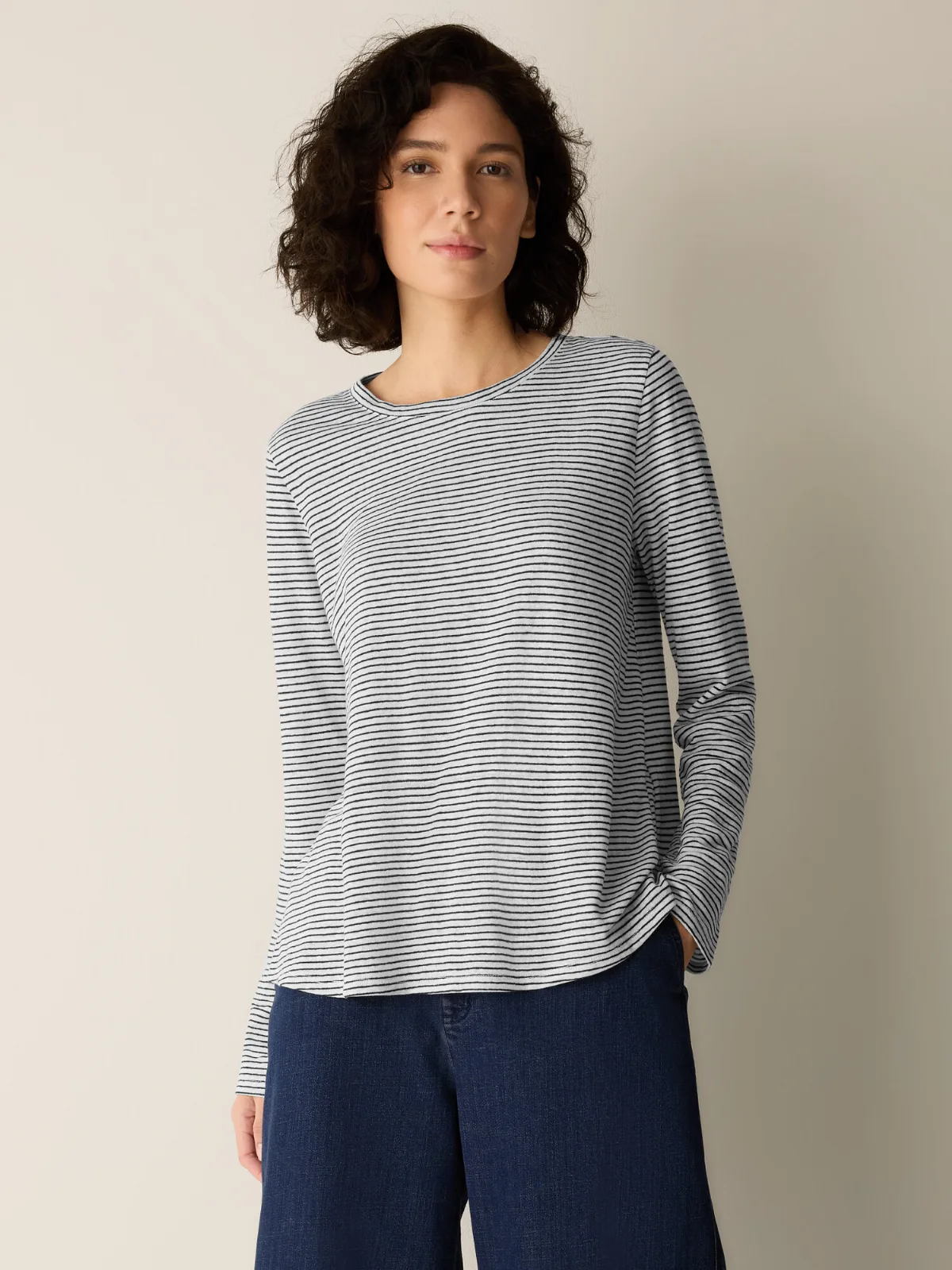 Striped Organic Linen Jersey Long-Sleeve Tee by EILEEN FISHER