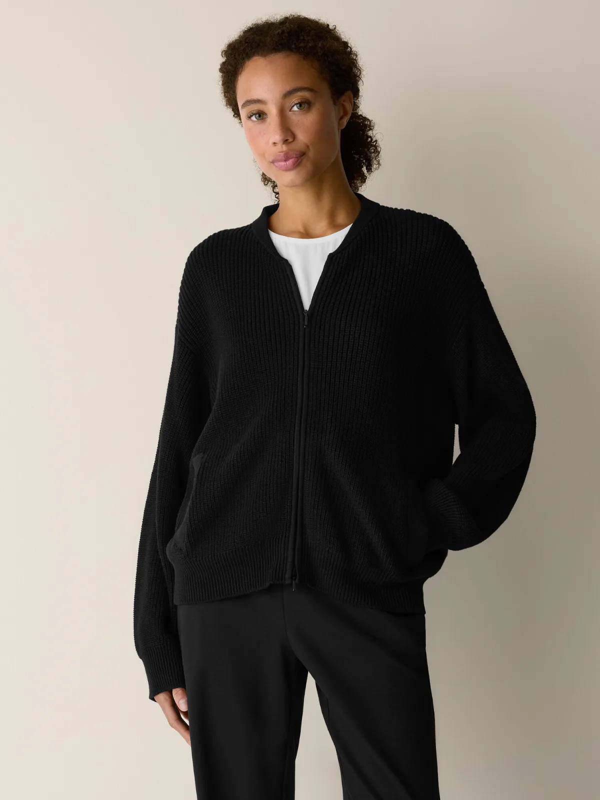 Peruvian Cotton Blend Zip Cardigan by EILEEN FISHER