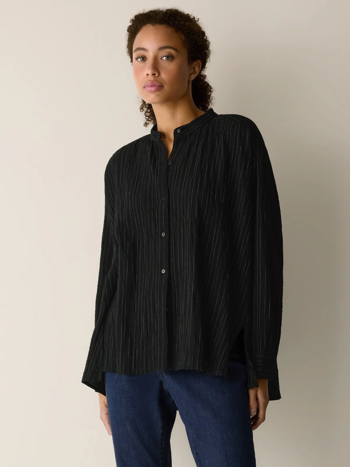 Striped Organic Cotton Twill Band Collar Shirt by EILEEN FISHER
