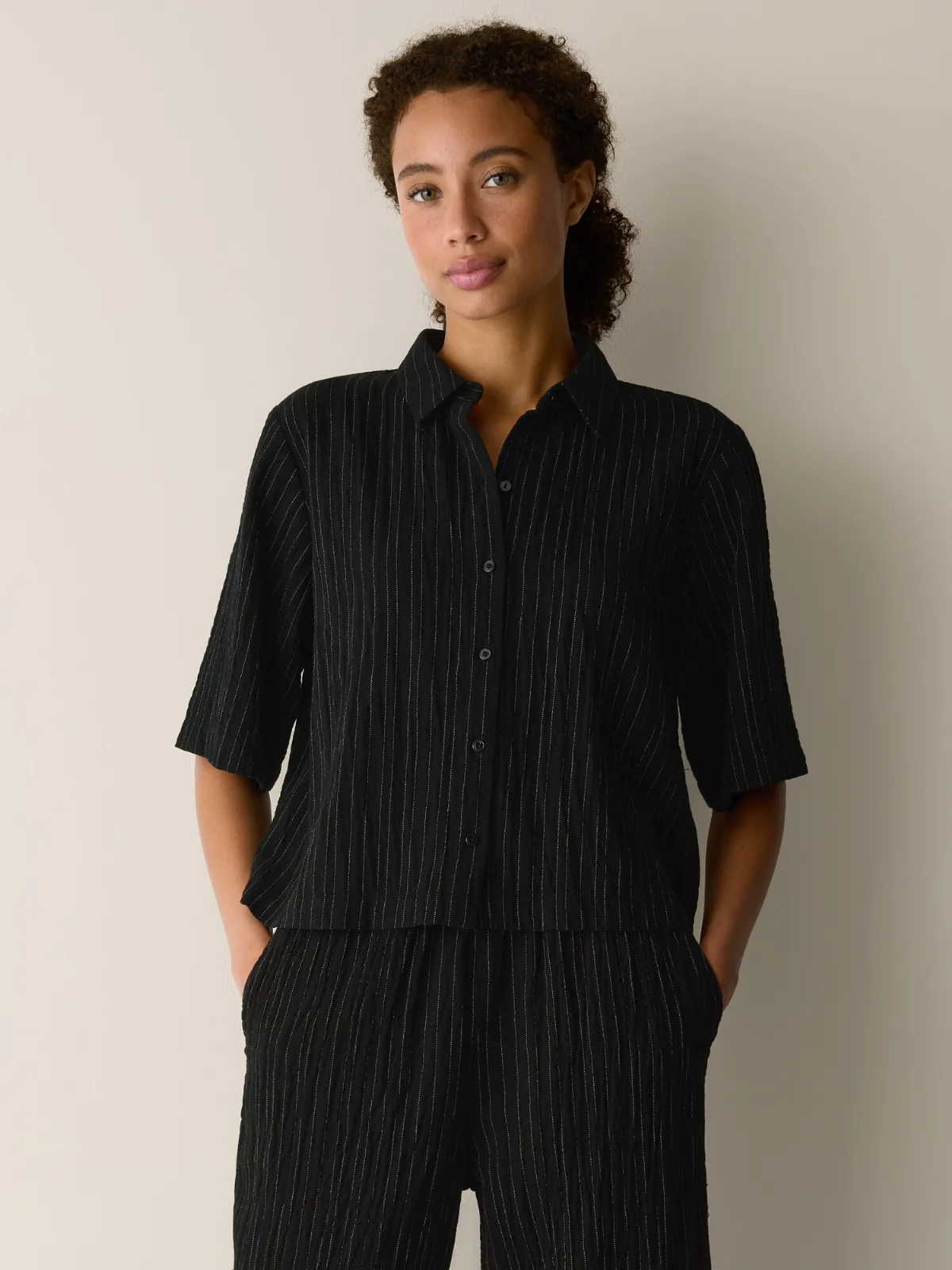 Striped Organic Cotton Twill Elbow-Sleeve Shirt by EILEEN FISHER