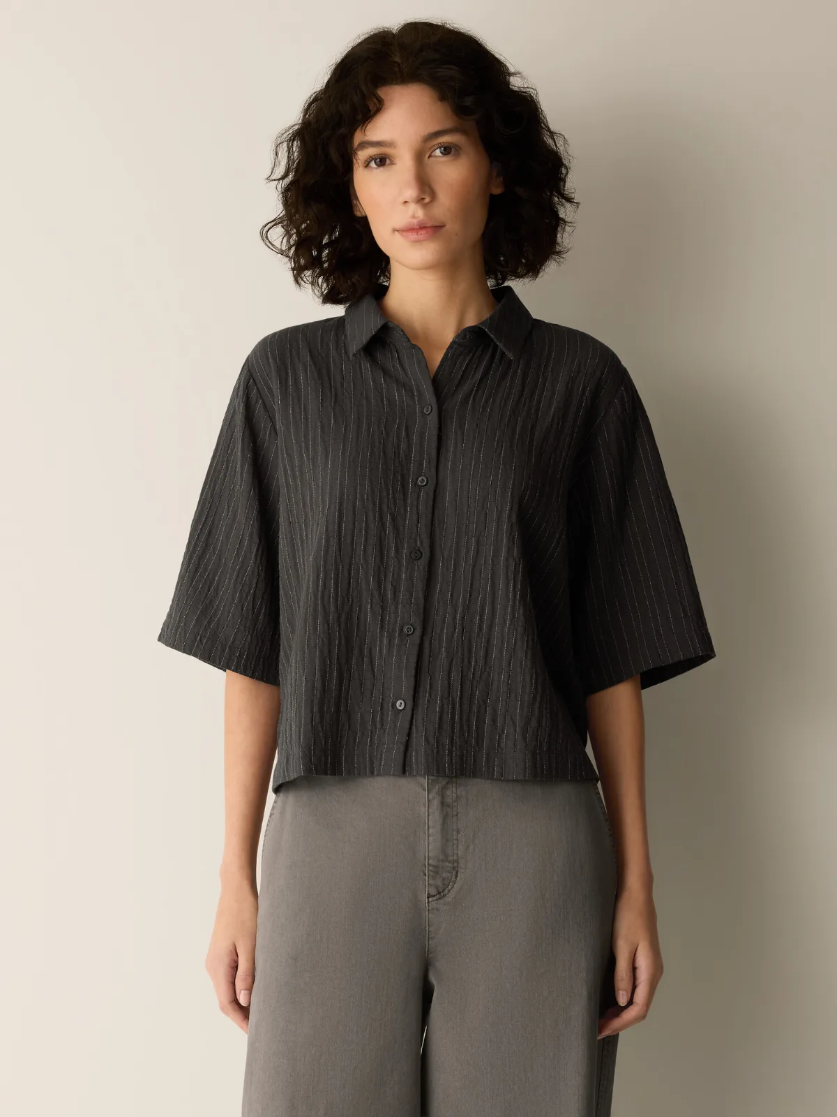 Striped Organic Cotton Twill Elbow-Sleeve Shirt by EILEEN FISHER