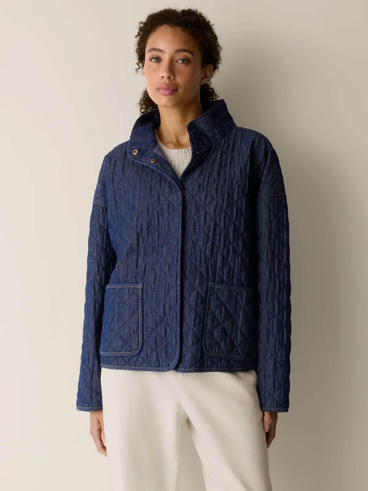 Lightweight Organic Cotton Denim Quilted Jacket by EILEEN FISHER