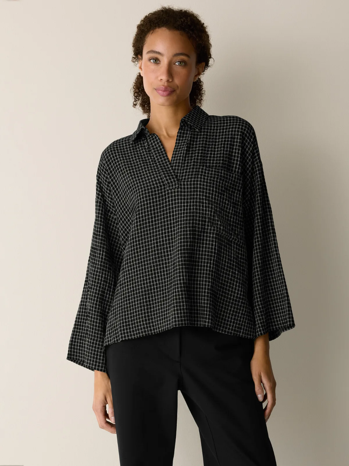 Windowpane Crinkle Weave Split Neck Shirt by EILEEN FISHER