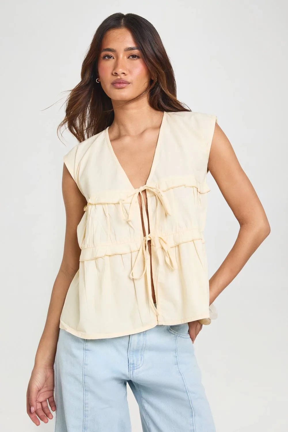 Poplin Tie Front Ruffle Smock Top by boohoo