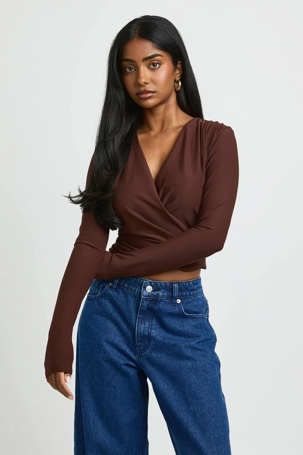Matte Slinky Drape Wrap Long Sleeve Top by boohoo