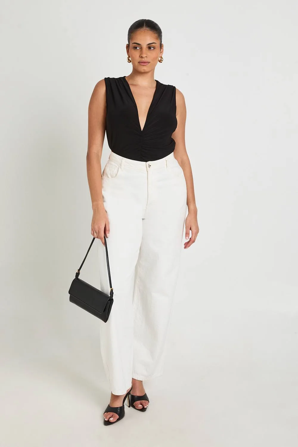 Slinky Ruched V Neck Bodysuit by boohoo