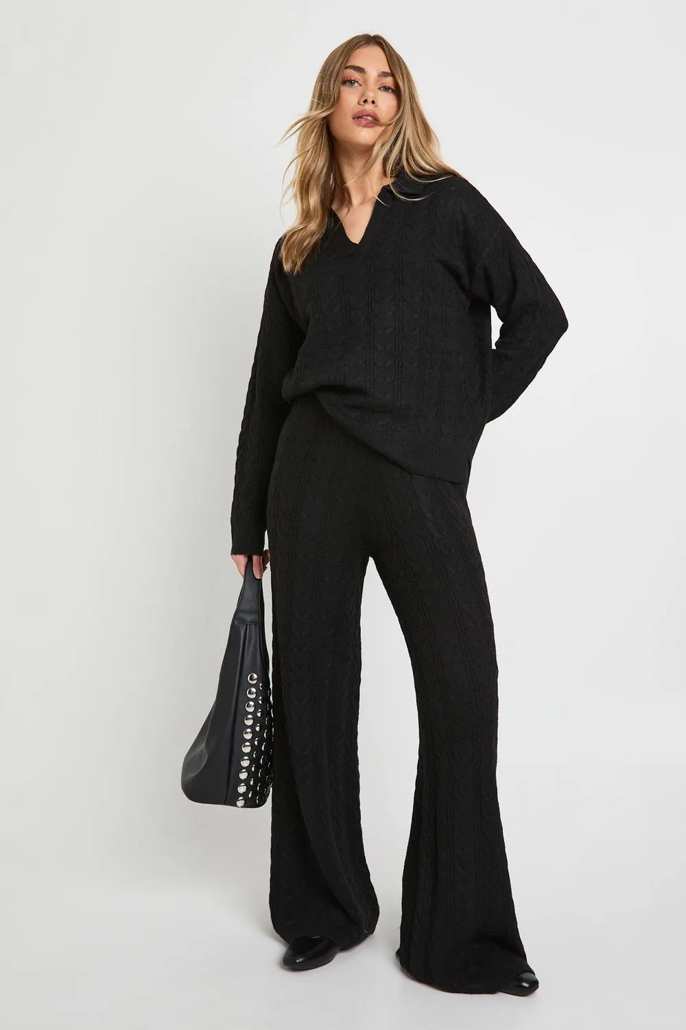Soft Cable Knit Polo Collar Jumper & Wide Leg Trouser Co-Ord by boohoo