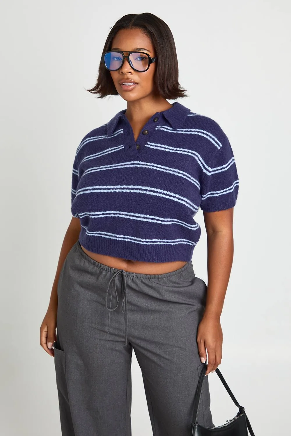 Collar Stripe Knit Top by boohoo