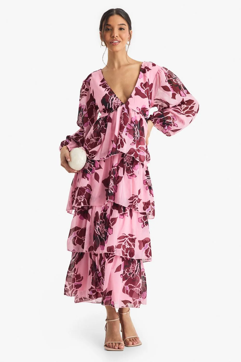 Floral Chiffon Plunge Ruffle Midaxi Dress by boohoo