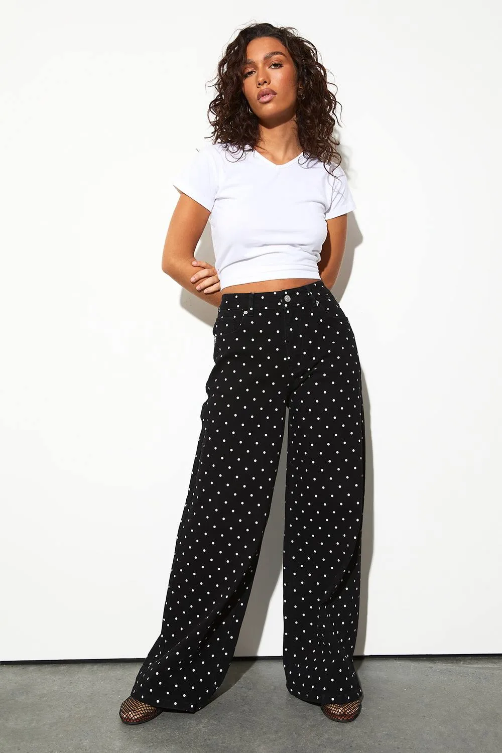 The Polka Dot Mid Waist Wide Leg Jean by boohoo