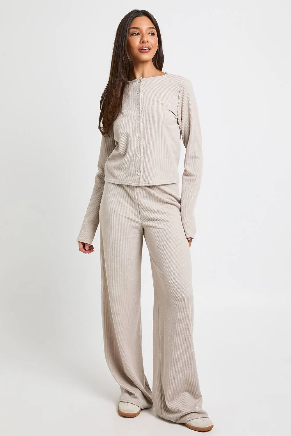 Rib Button Through Long Sleeve Top & Wide Leg Trouser Co-Ord by boohoo