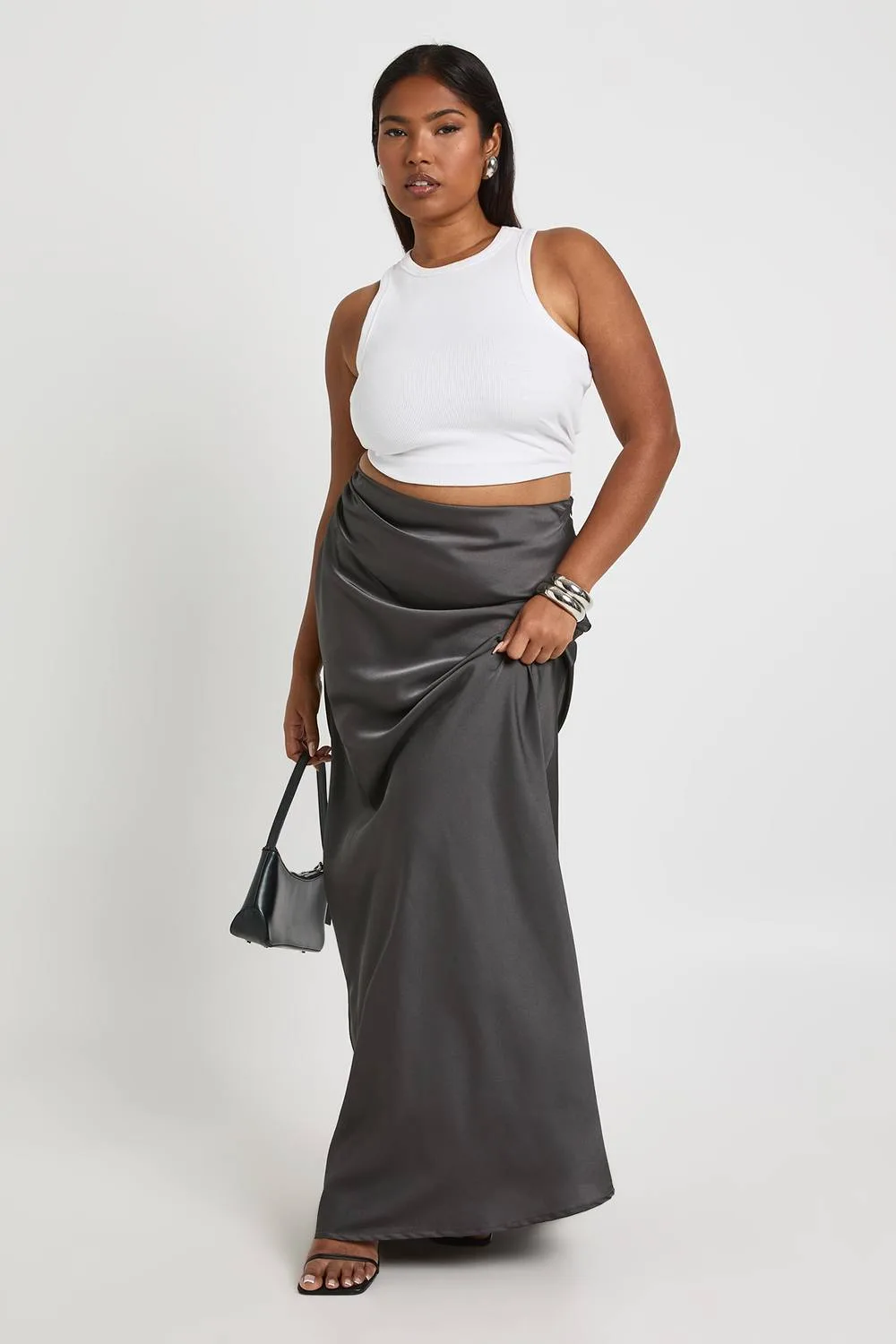 Satin Ruched Side Detail Column Maxi Skirt by boohoo