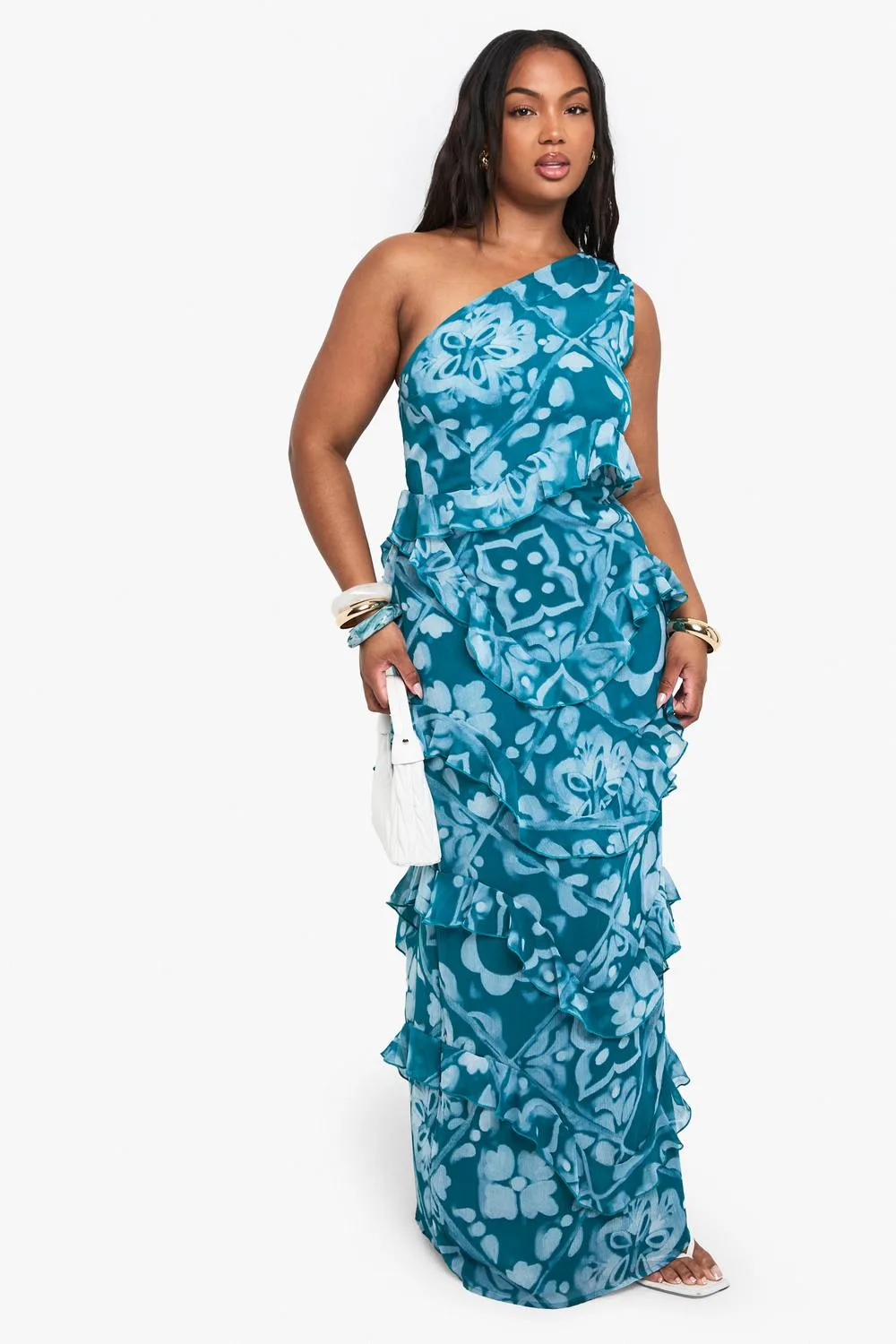 Tile Print Chiffon Asymmetric Maxi Dress by boohoo