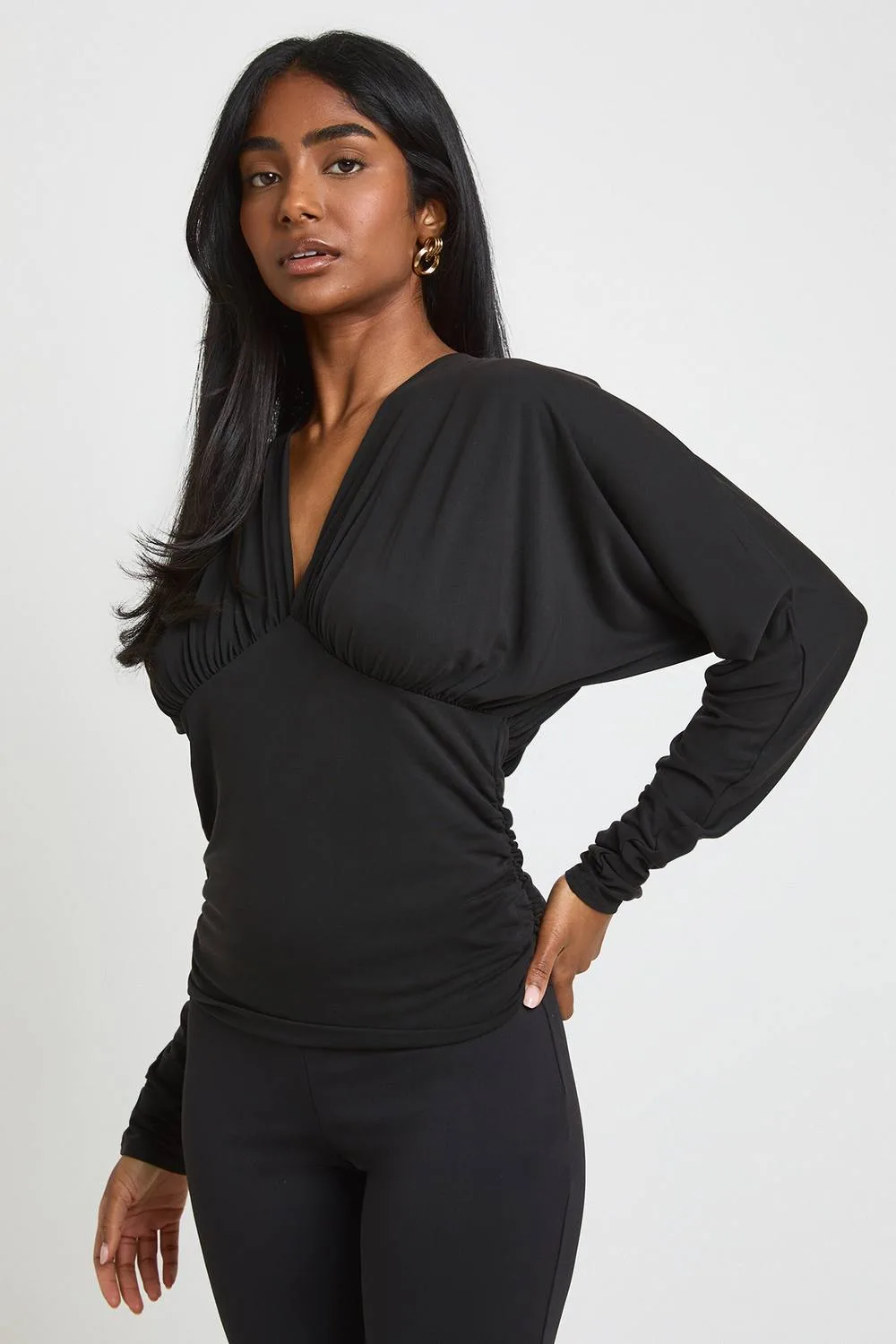 Modal Cinched Waist V Neck Long Sleeve Top by boohoo