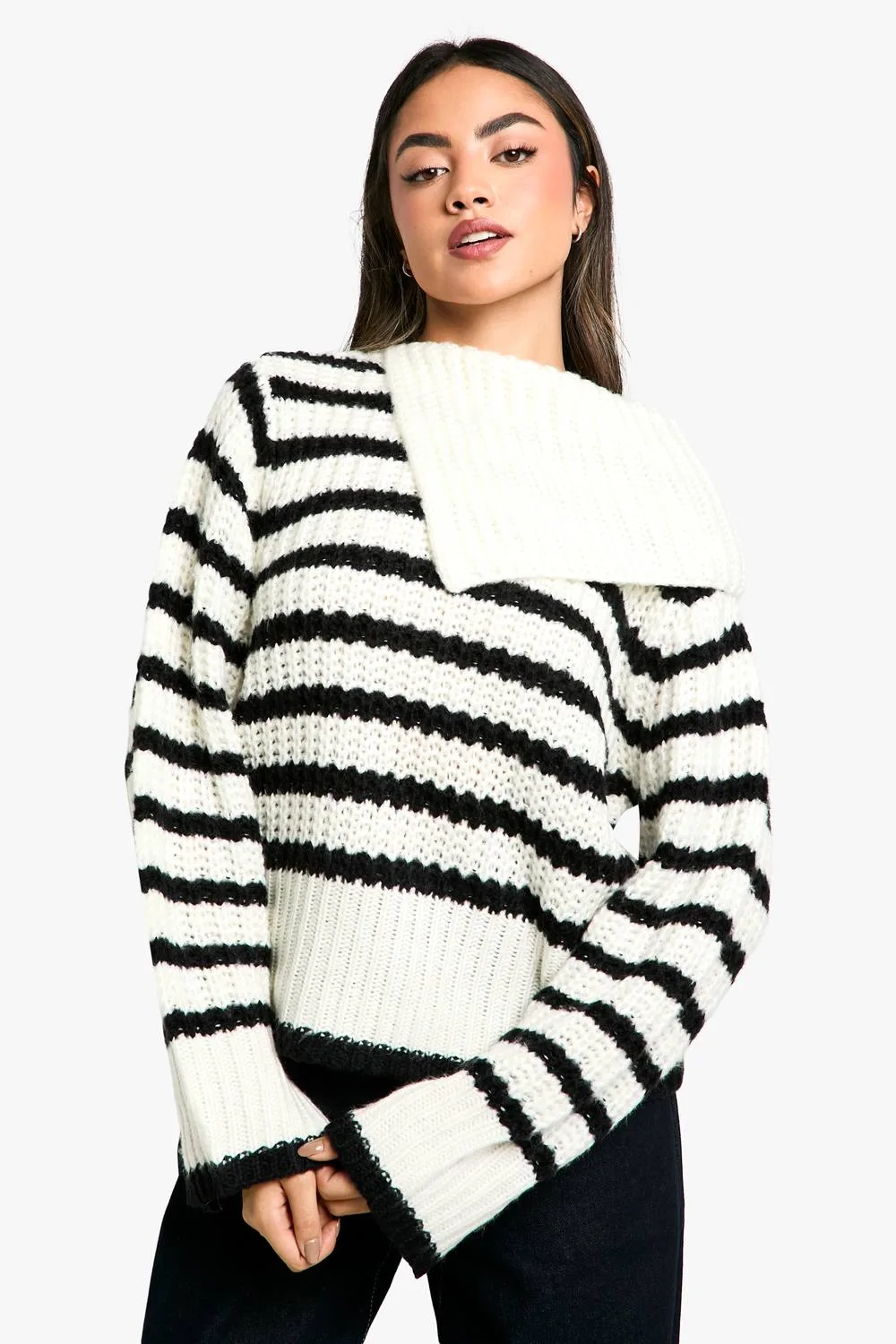 Knitted Stripe Collar Detail Jumper by boohoo