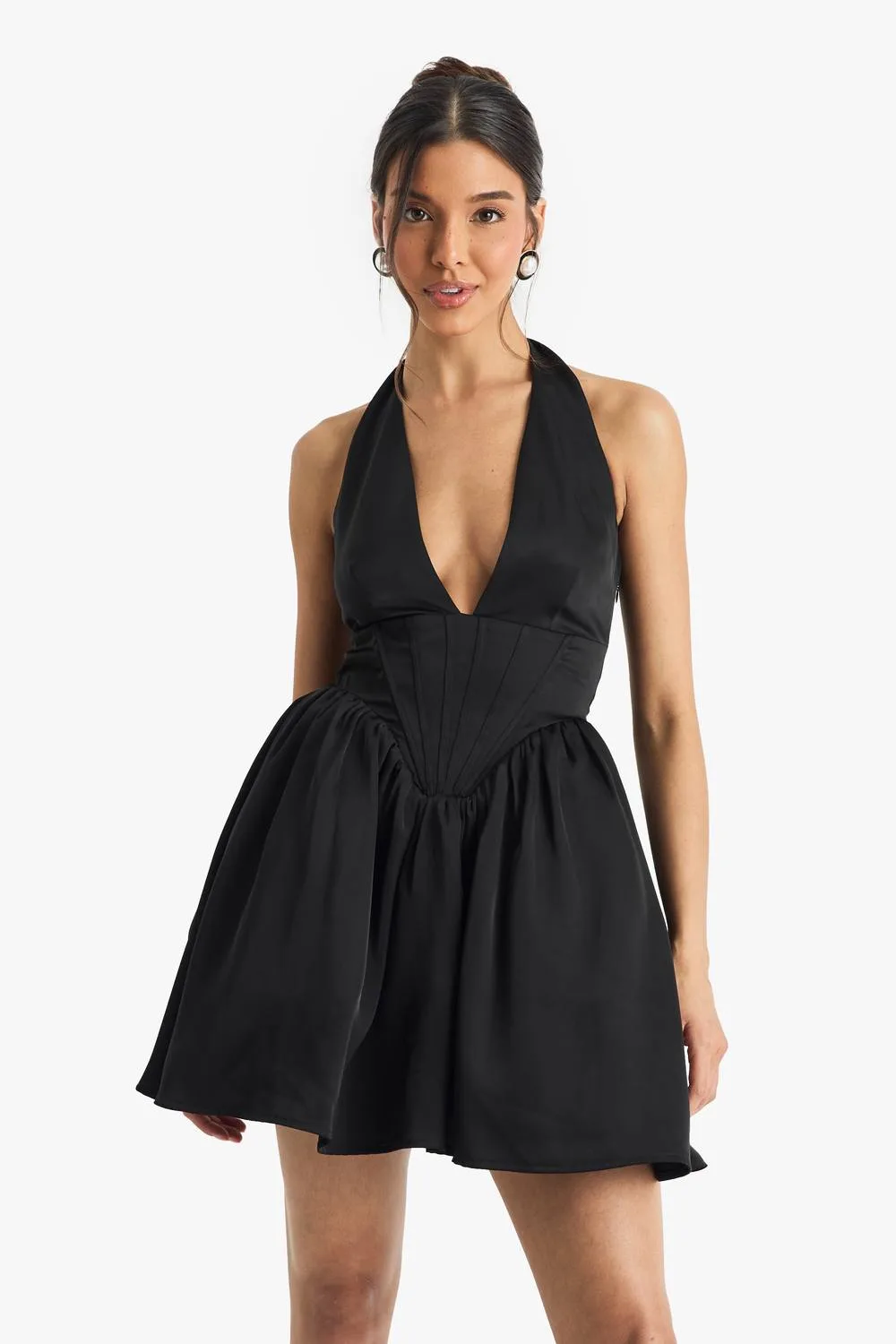Satin Halterneck Boned Detail Volume Mini Dress by boohoo