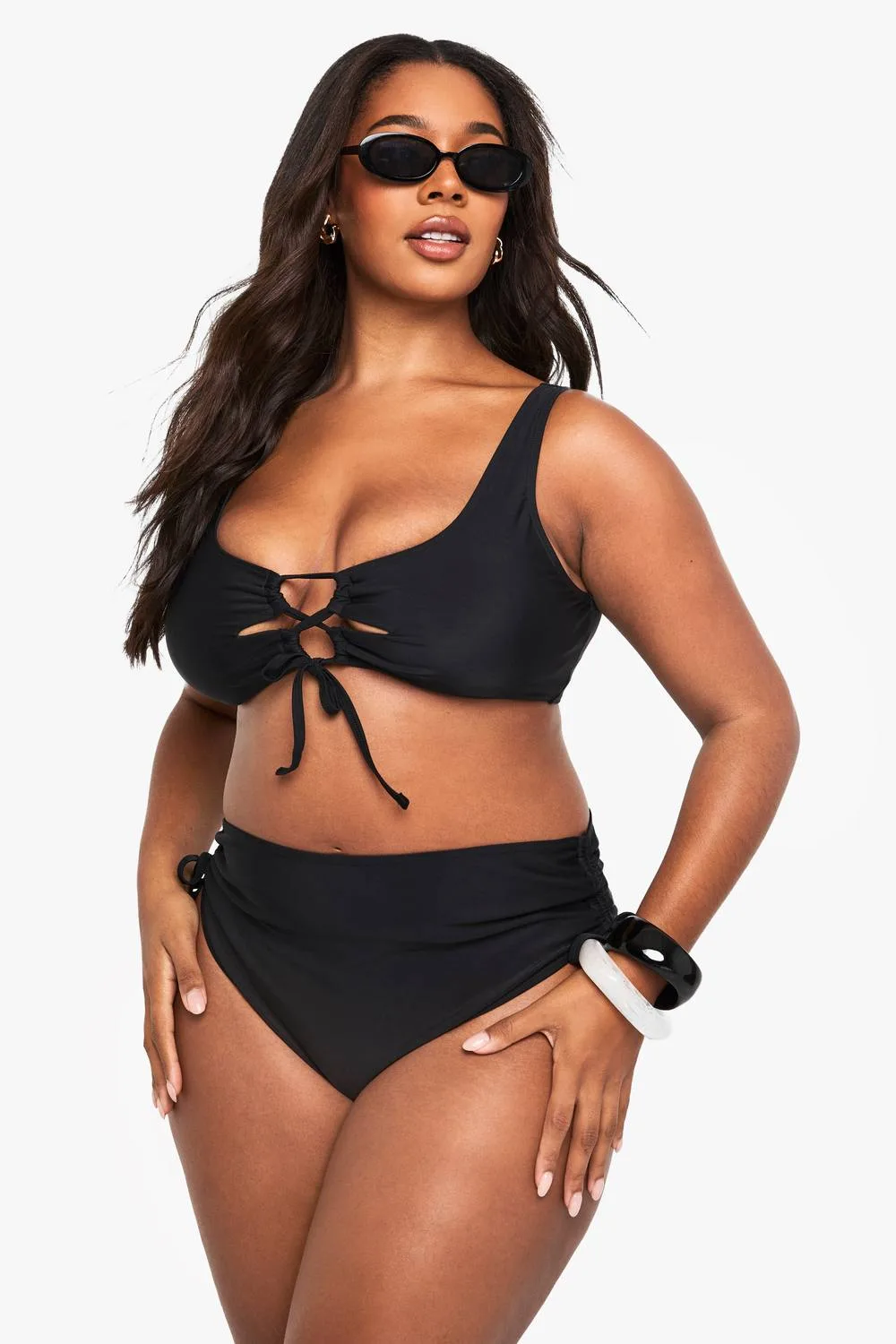 Tummy Control Ruched Side High Waist Bikini Bottom by boohoo