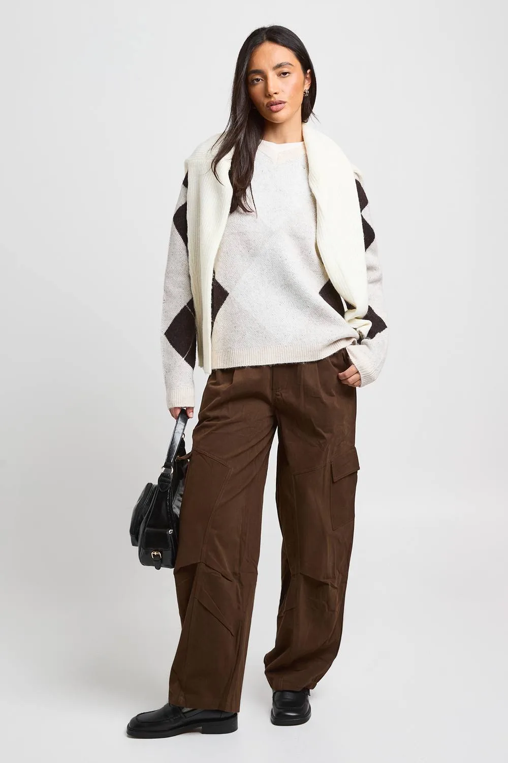 V Neck Argyle Knitted Jumper - Stone by boohoo
