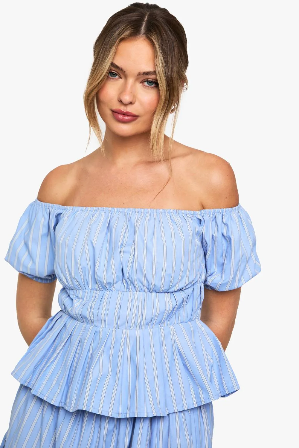 Stripe Poplin Bardot Top by boohoo
