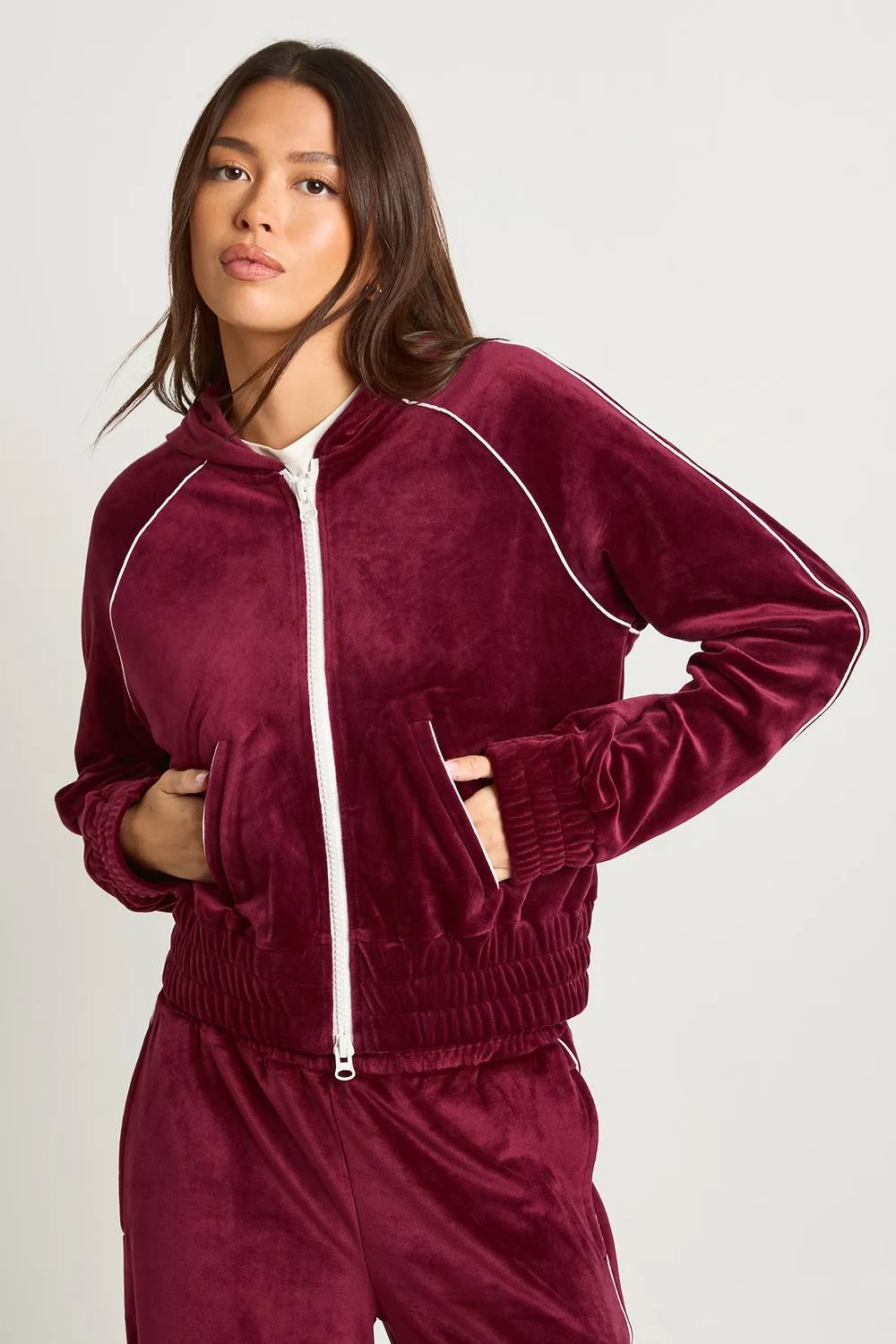 Velour Contrast Piping Zip Through Cropped Hoodie by boohoo