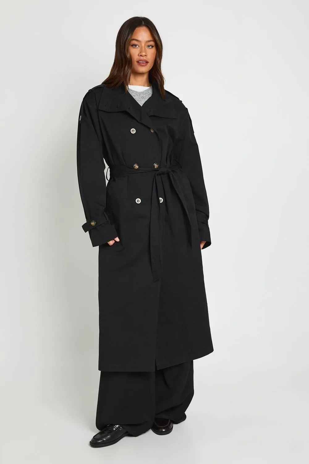Funnel Neck Double Breasted Trench Coat by boohoo