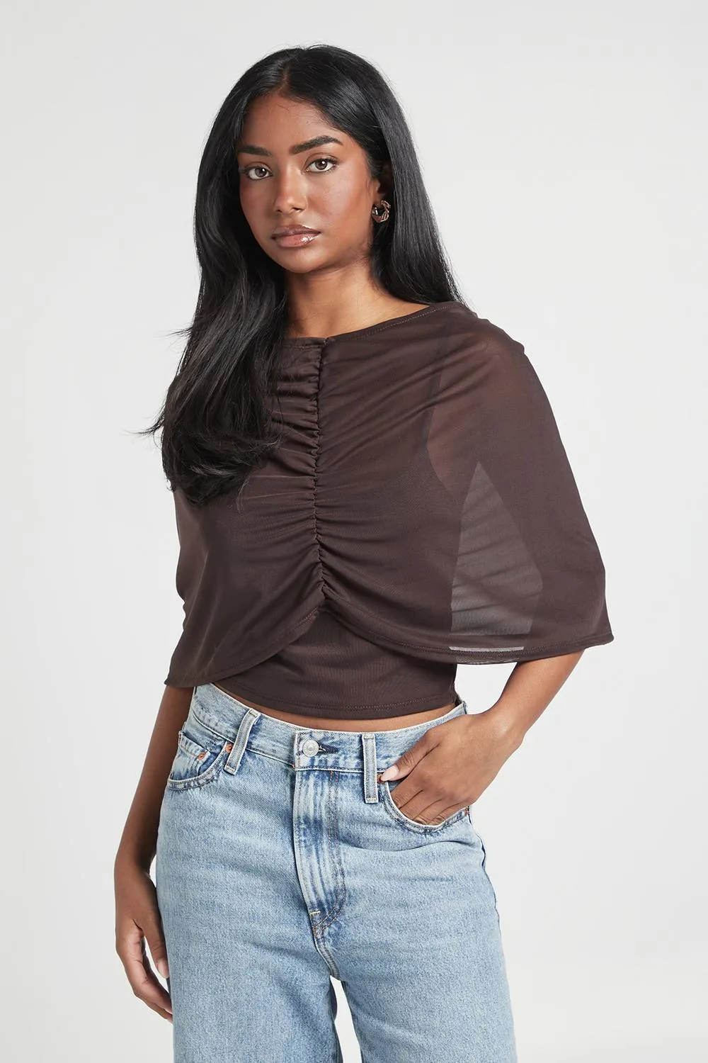 Mesh Ruched Drape Cape Top with Cami by boohoo