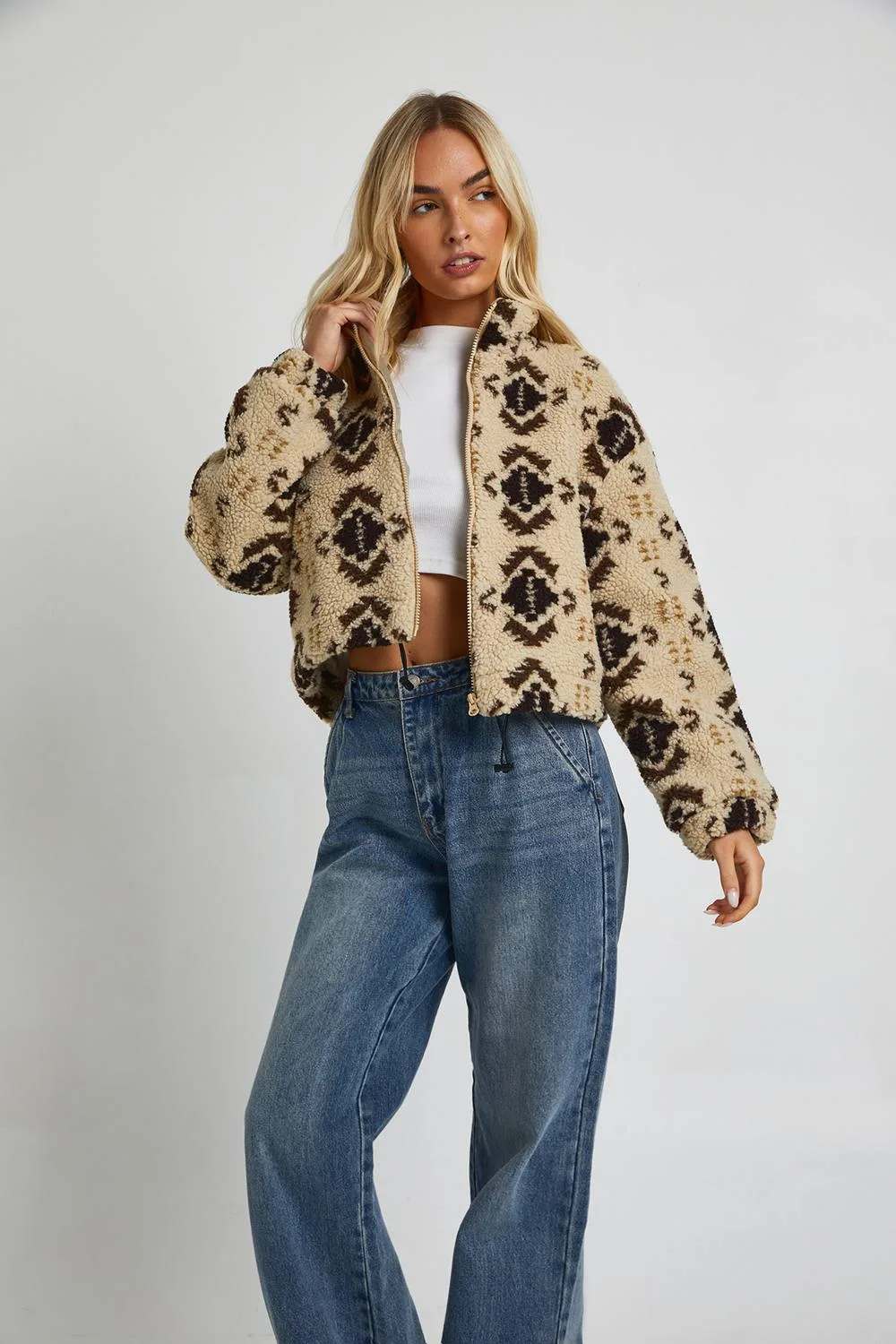 Aztec Teddy Zip Bomber Jacket by boohoo