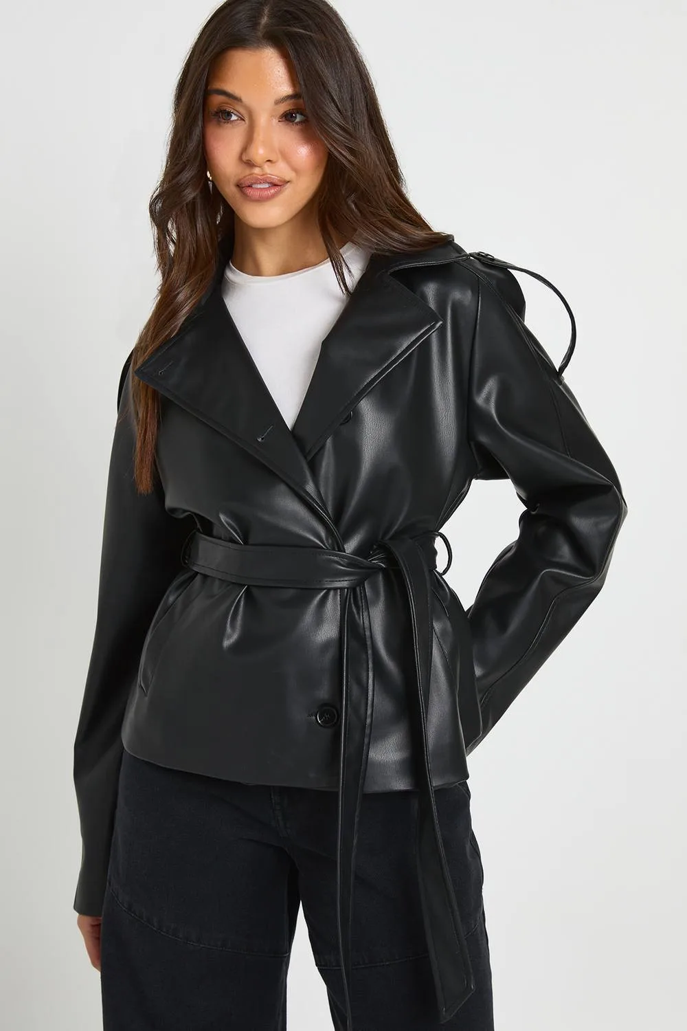 Shoulder Pad Belted Faux Leather Jacket by boohoo