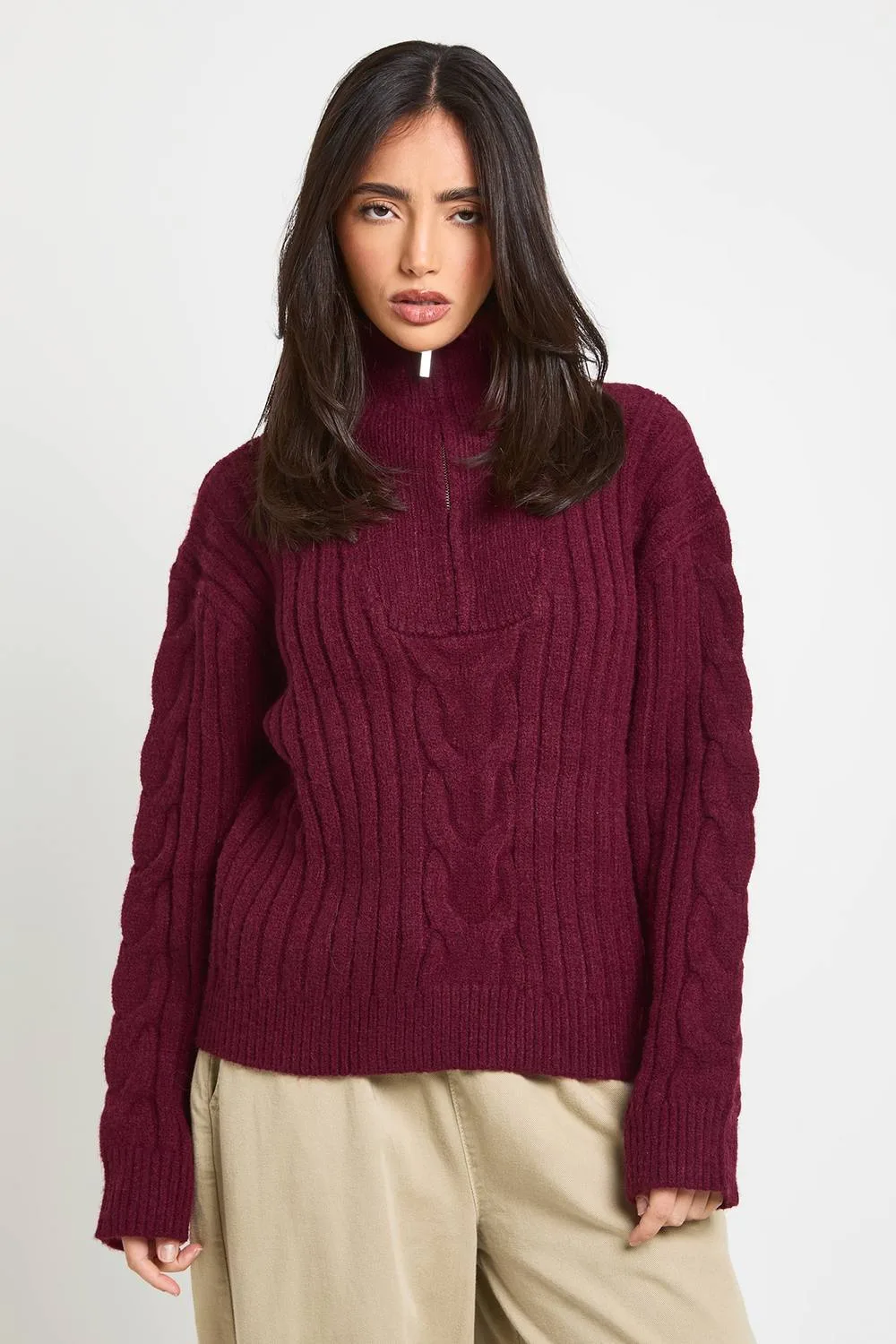 Zip Neck Chunky Cable Jumper