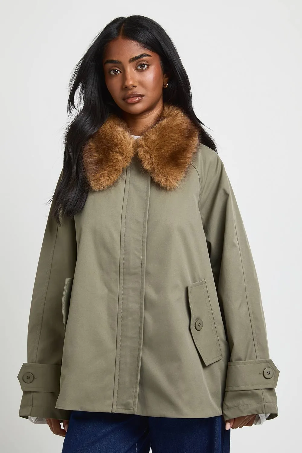 Faux Fur Trim Funnel Neck Trench Coat by boohoo