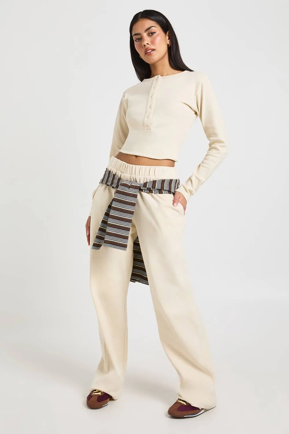 Cotton Button Through Crew Neck Top & Trouser Co Ord by boohoo