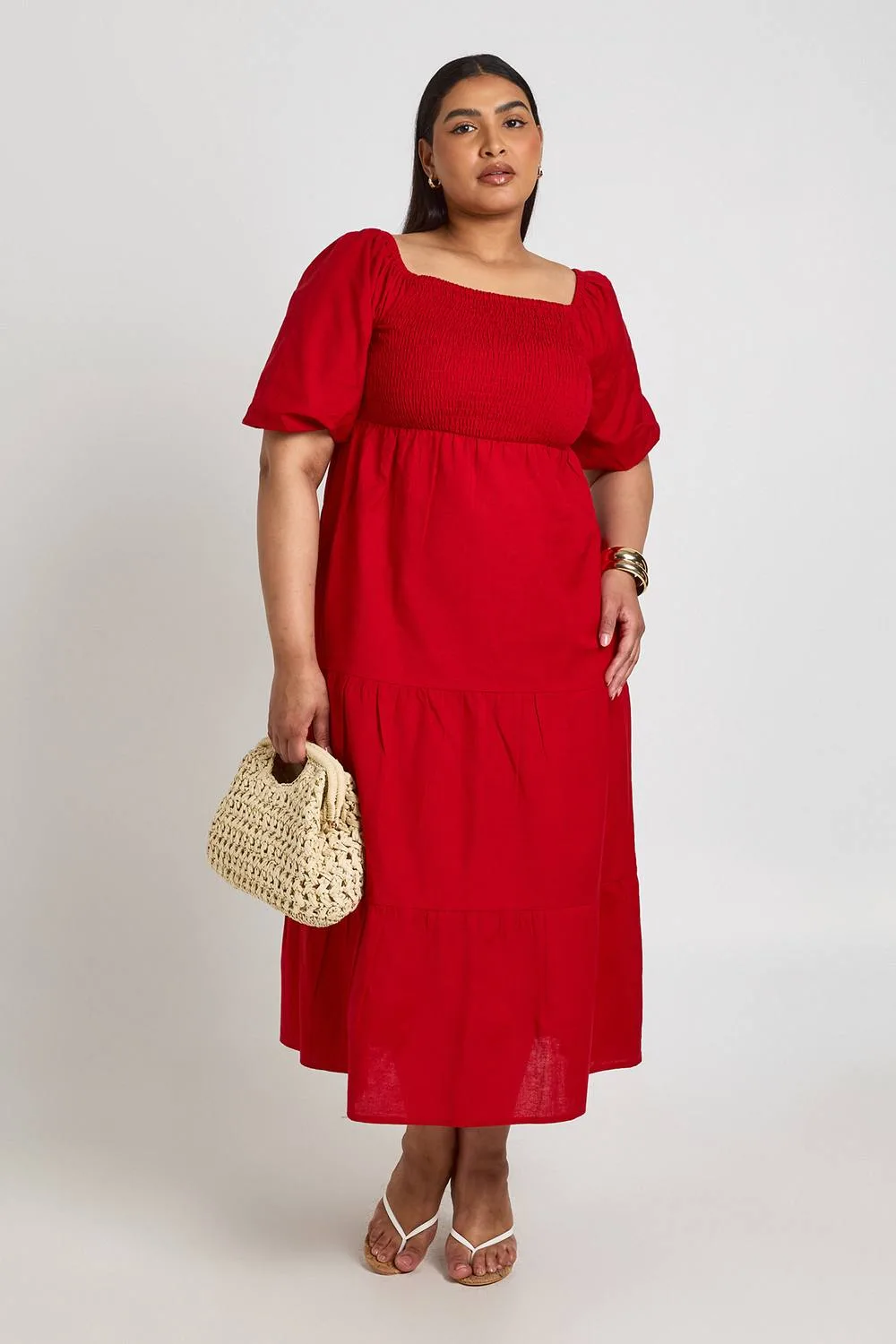 Linen Look Volume Sleeve Tiered Midaxi Dress by boohoo