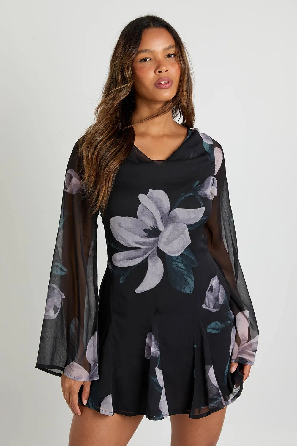 Floral Long Sleeve Chiffon Mini Dress by boohoo