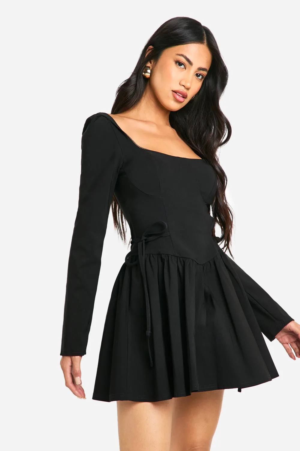 Long Sleeve Tie Waist Skater Mini Dress by boohoo
