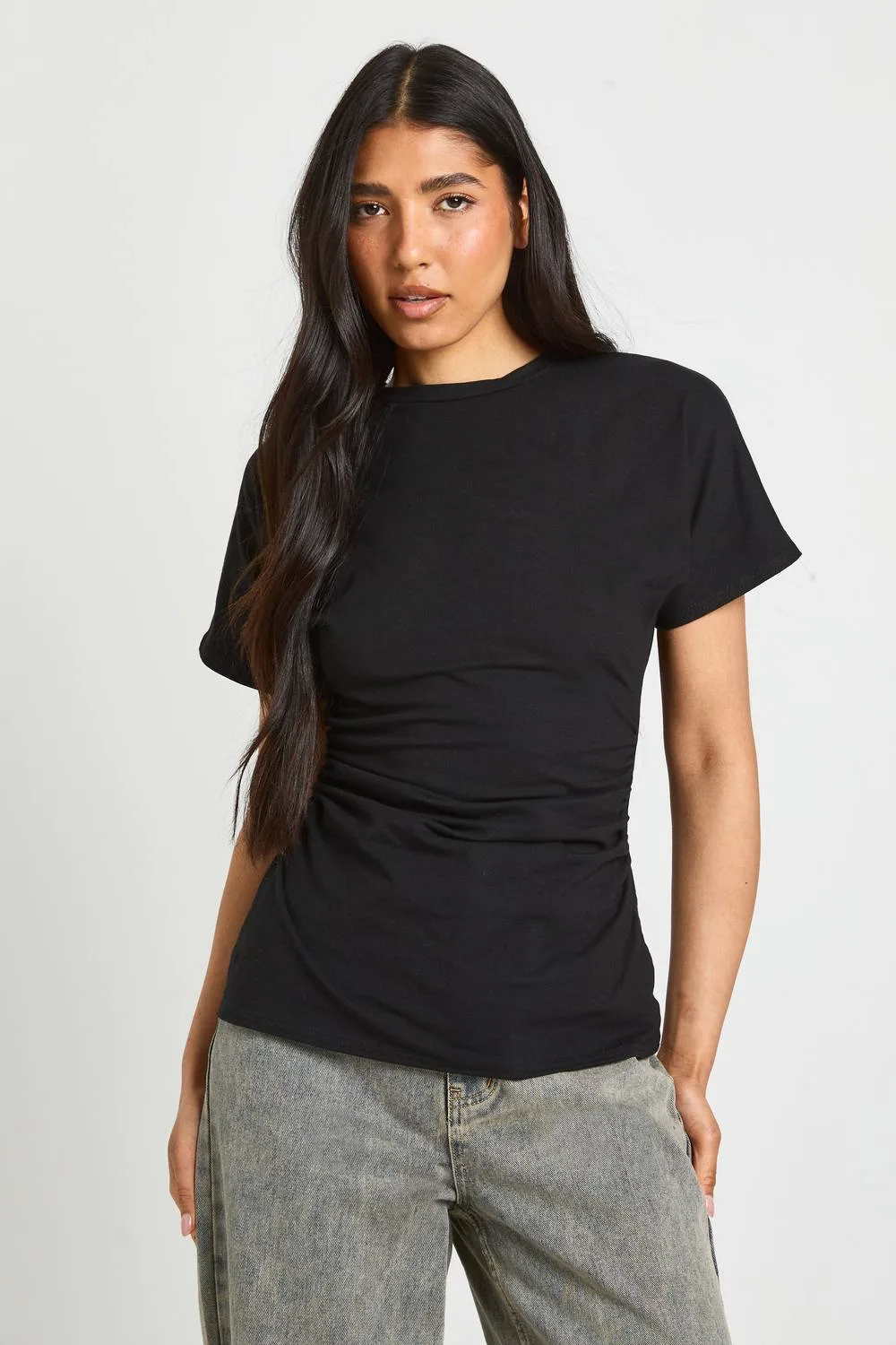 Jersey Ruched Waist Cap Sleeve T-Shirt by boohoo