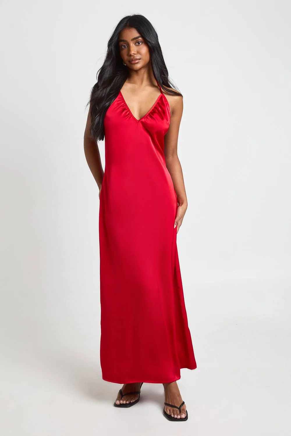 Satin Ruched Neckline Halterneck Midaxi Dress by boohoo