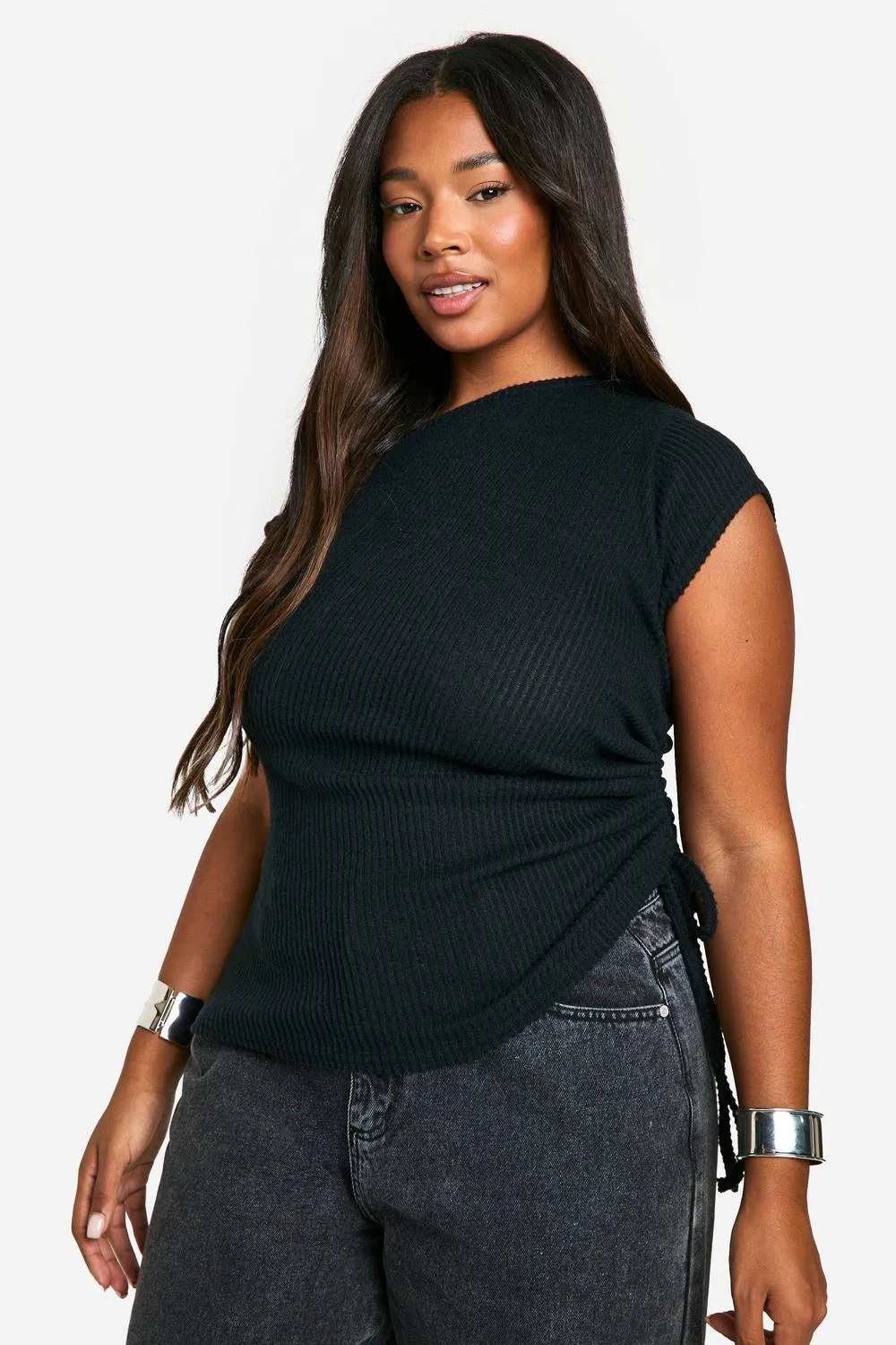 Brushed Rib Asymmetric Ruched Side Top by boohoo