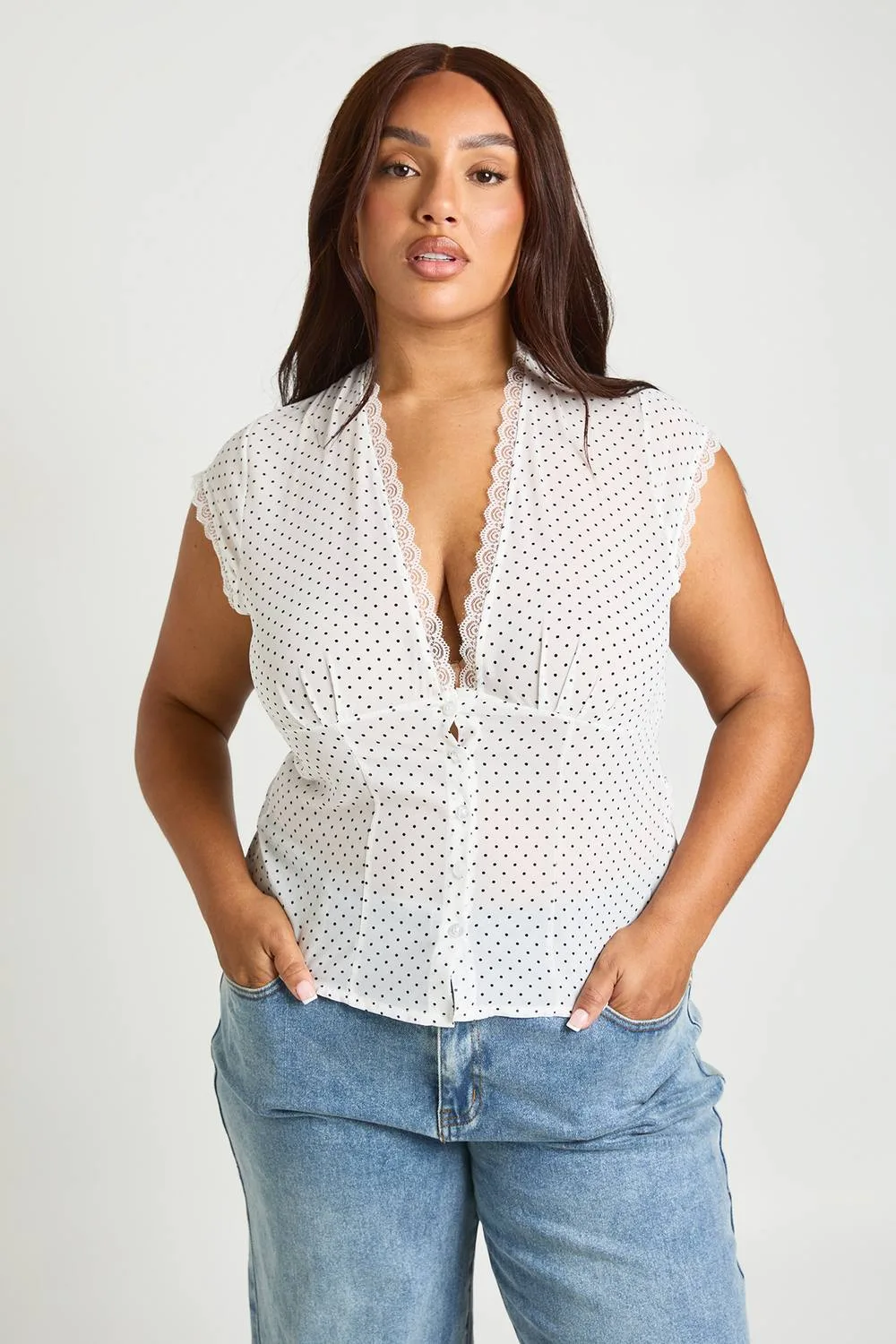 Polka Dot Lace Trim Button Down Top by boohoo