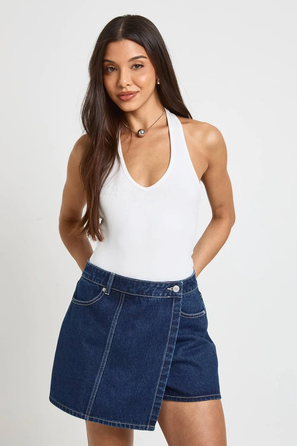 Wrap Front Denim Skort by boohoo