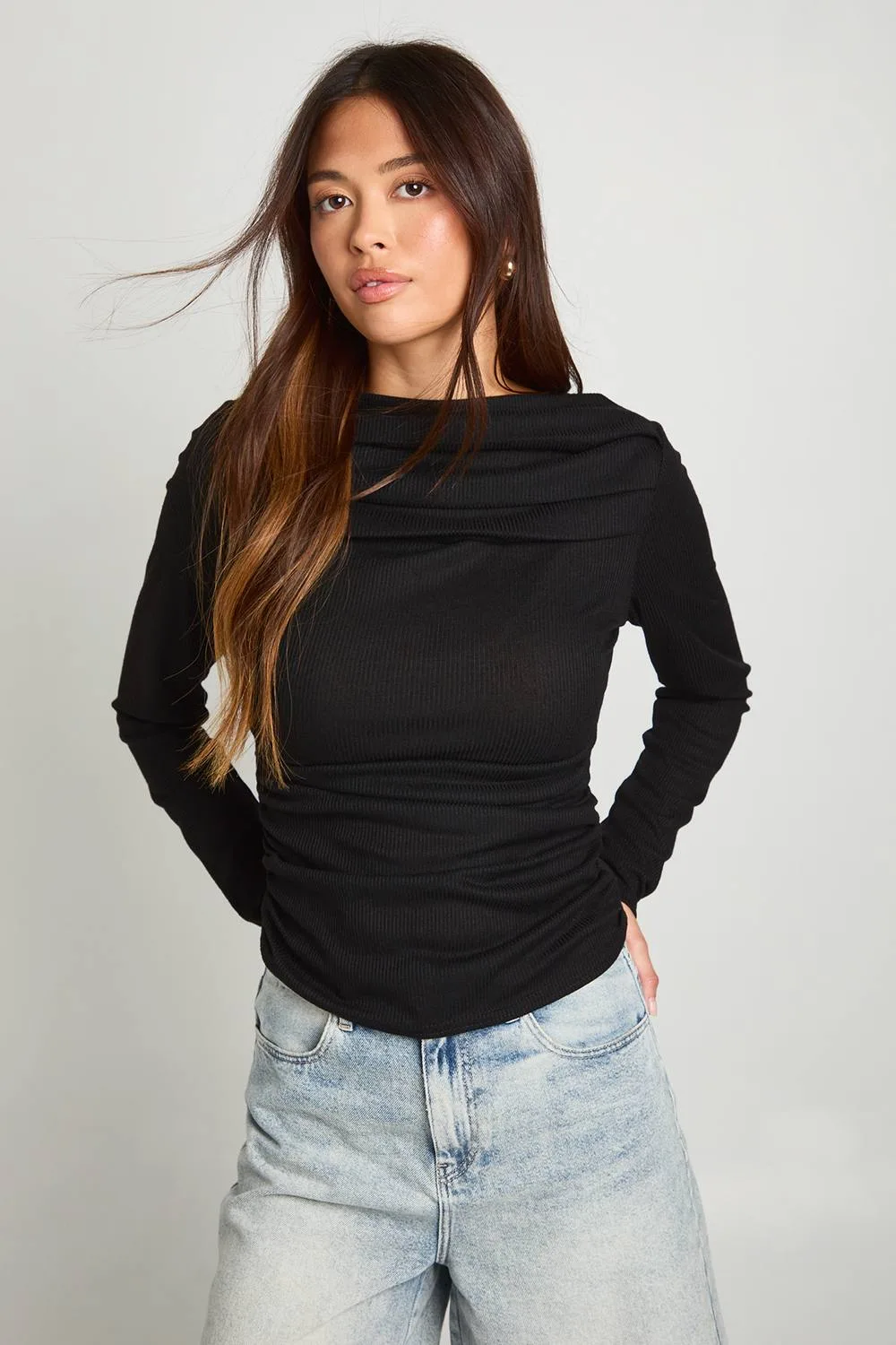 Ribbed Draped Front Long Sleeve Top by boohoo