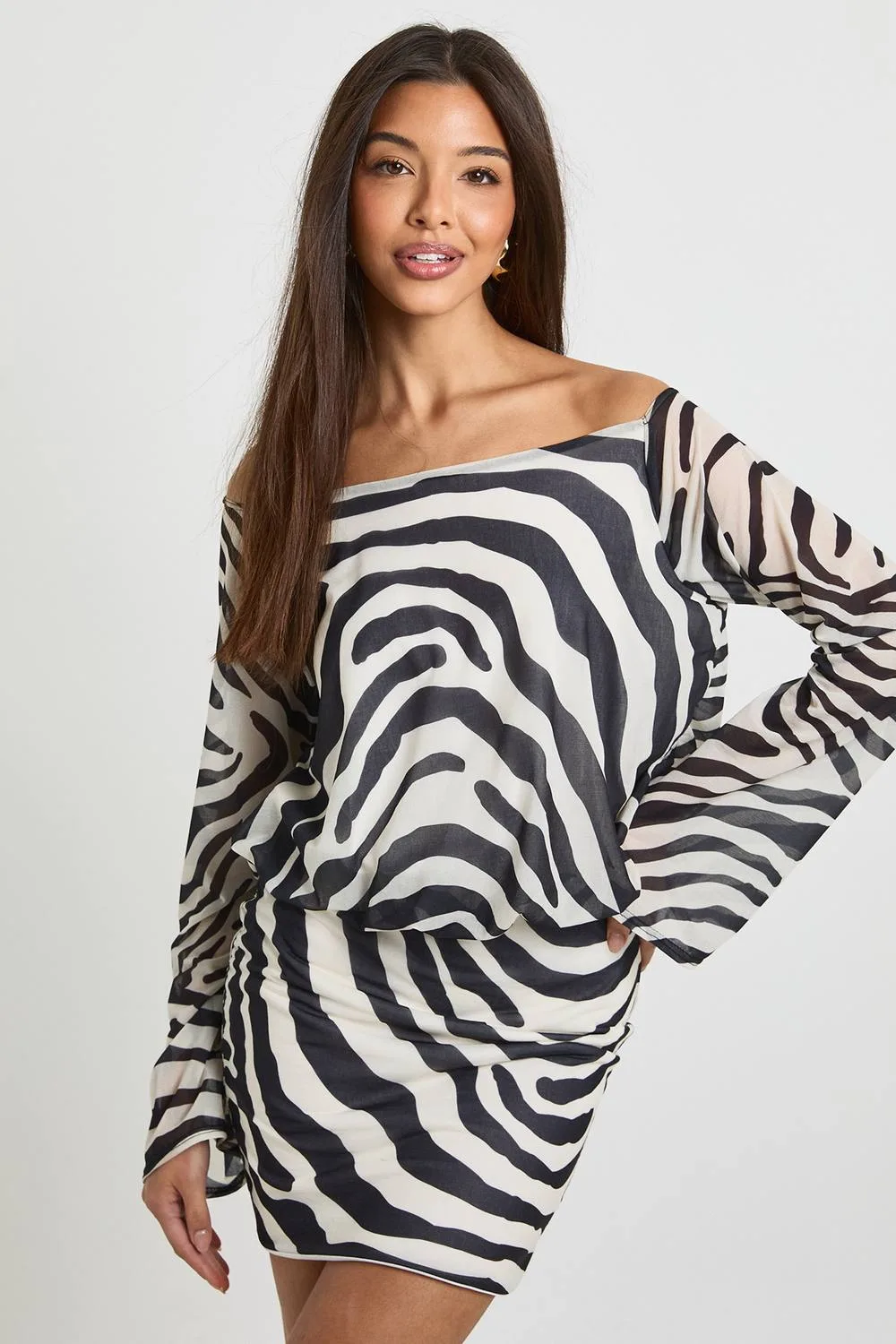 Zebra Printed Long Sleeve Cowl Back Mini Dress by boohoo